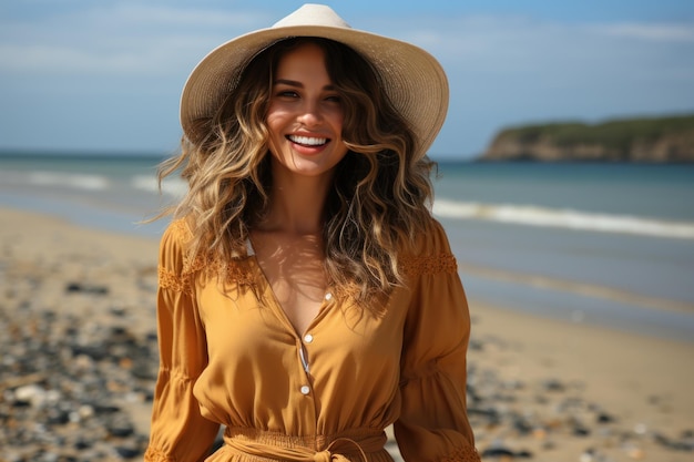 una donna che indossa un cappello da sole di paglia sulla spiaggia