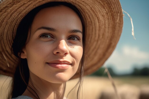 Una donna che indossa un cappello di paglia guarda in lontananza.