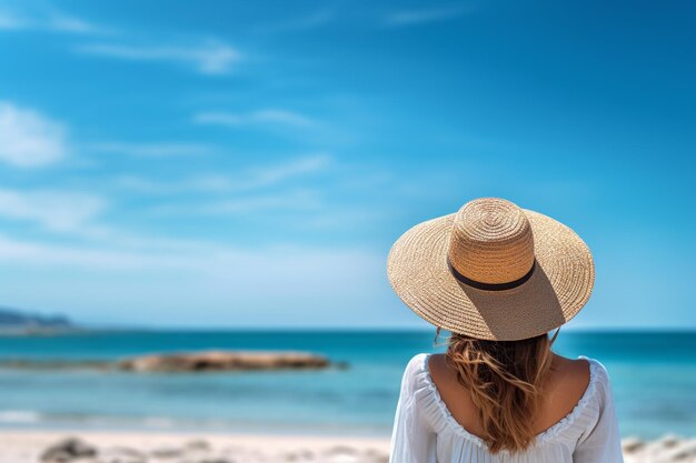 una donna che indossa un cappello di paglia sulla spiaggia