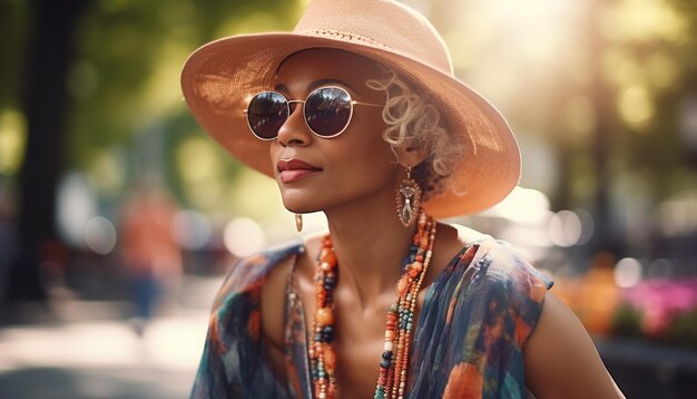 Una donna che indossa un cappello e occhiali da sole cammina lungo una strada.