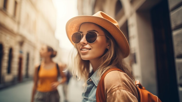 Una donna che indossa un cappello e occhiali da sole cammina lungo una strada.