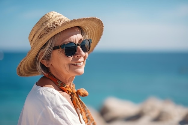 Una donna che indossa un cappello e occhiali da sole si trova su una spiaggia e sorride.