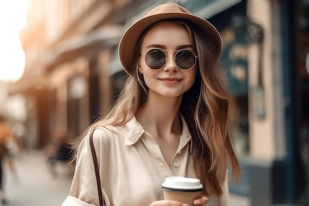 Una donna che indossa un cappello e occhiali da sole tiene una tazza di caffè.