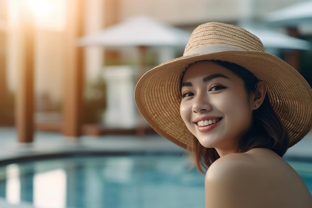 Una donna che indossa un cappello e un cappello di paglia posa in piscina.