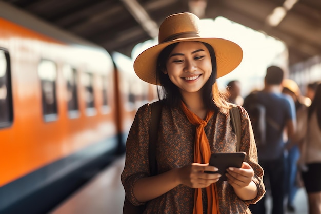 Una donna che indossa un cappello e un cappello marrone si trova davanti a un treno con un treno sullo sfondo