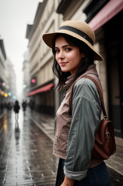 Una donna che indossa un cappello e un cappello sta sotto la pioggia.