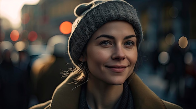 Una donna che indossa un cappello e un cappotto si trova in strada la sera.