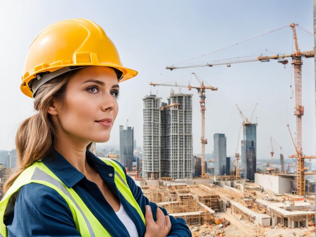 una donna che indossa un cappello giallo duro si trova di fronte a un cantiere di costruzione