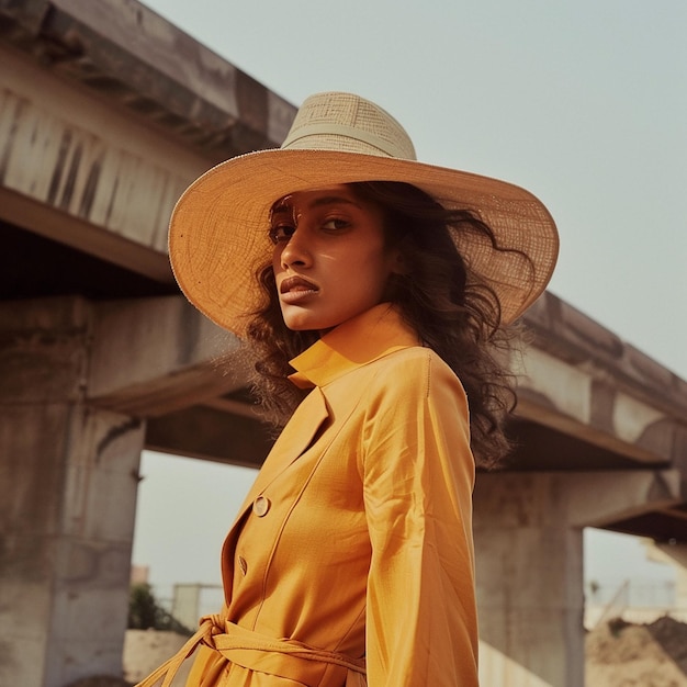 una donna che indossa un cappello giallo si trova di fronte a un ponte