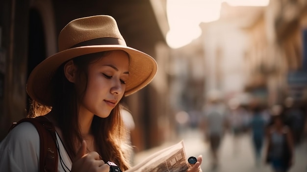 Una donna che indossa un cappello legge una mappa.