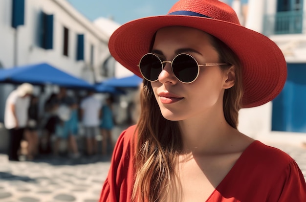 Una donna che indossa un cappello rosso e occhiali da sole si trova di fronte a un mercato.