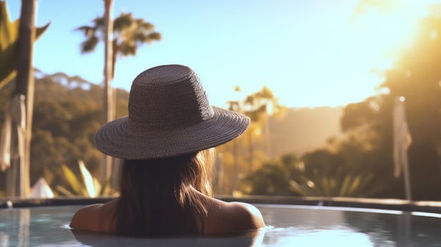 Una donna che indossa un cappello seduta in una piscina