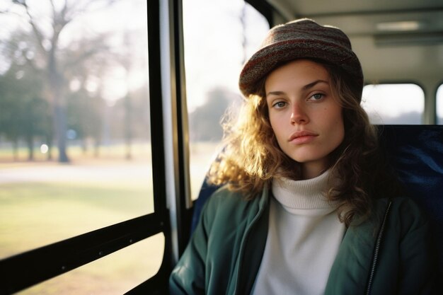 una donna che indossa un cappello seduto su un autobus