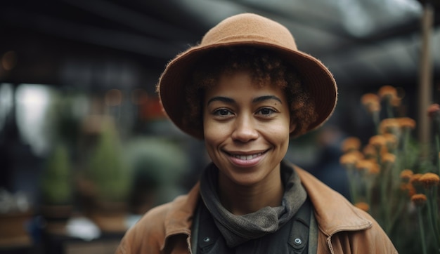 Una donna che indossa un cappello si trova di fronte a un mercato.