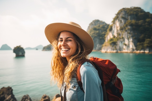 Una donna che indossa un cappello si trova su una bellissima spiaggia sabbiosa Sfondo con vista sul mare e sulle montagne bellissimo sorriso di una donna turistica Generato dall'intelligenza artificiale