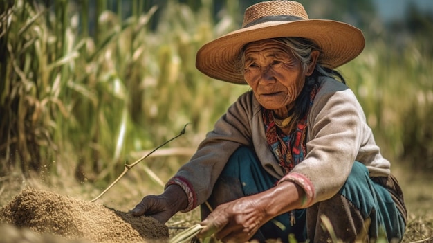 Una donna che indossa un cappello siede in un campo di grano.