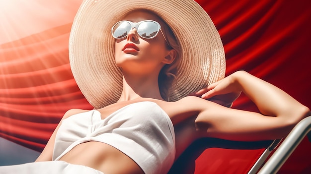Una donna che indossa un cappello siede su una spiaggia con il sole che tramonta dietro di lei