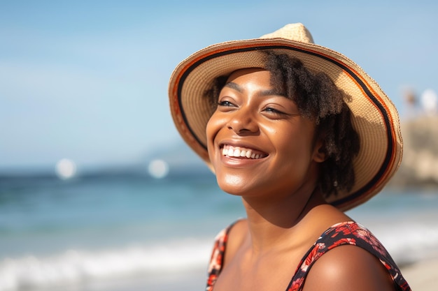 Una donna che indossa un cappello sorride alla spiaggia