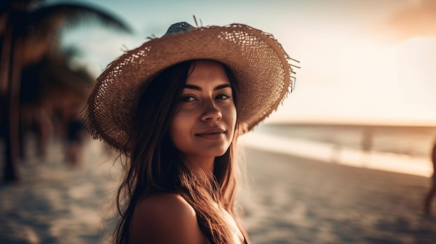 Una donna che indossa un cappello su una spiaggia