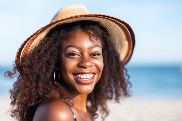 Una donna che indossa un cappello su una spiaggia