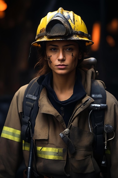 Una donna che indossa un casco da pompiere e un tubo antincendio.