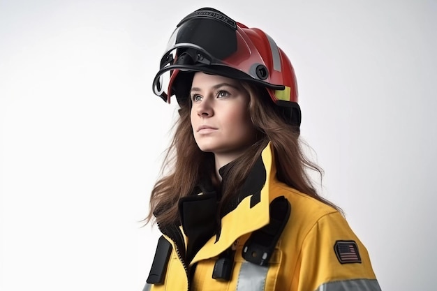 Una donna che indossa un casco da vigile del fuoco e occhiali protettivi