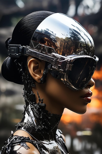 Una donna che indossa un casco futuristico