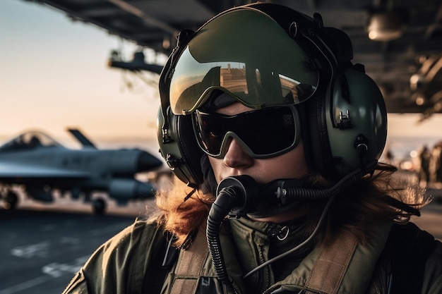 Una donna che indossa un casco militare e occhiali protettivi si trova su una portaerei.