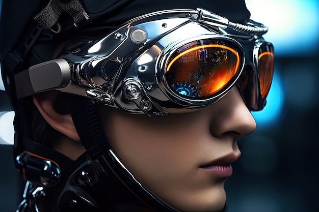 Una donna che indossa un casco robot futuristico e occhiali