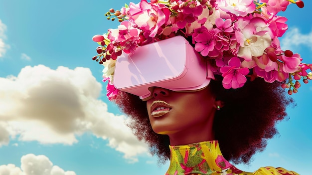 una donna che indossa un copricapo di realtà virtuale rosa con fiori su di esso