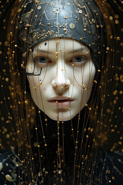 una donna che indossa un copricapo nero con perline d'oro