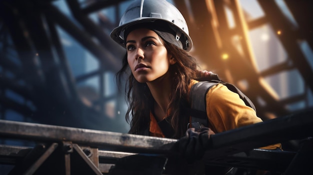 Una donna che indossa un equipaggiamento di sicurezza e un casco duro in un cantiere