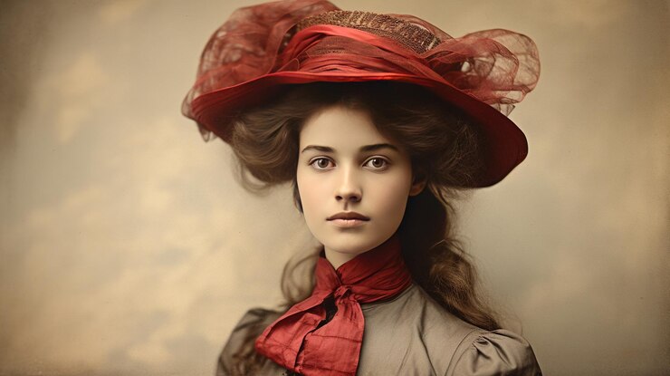 Una donna che indossa un grande cappello con un nastro rosso intorno al bordo