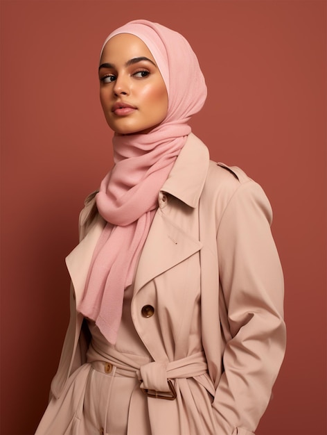 Una donna che indossa un hijab beige e una giacca beige si trova su uno sfondo rosa