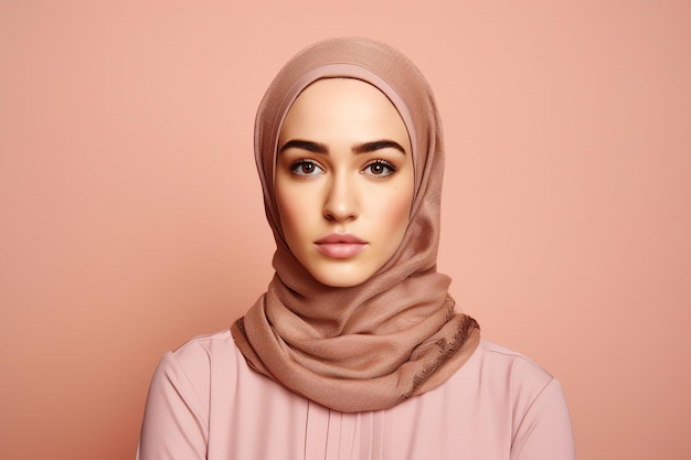 Una donna che indossa un hijab con una camicia rosa