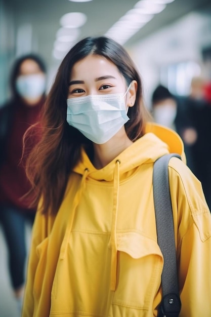 una donna che indossa un impermeabile giallo con una maschera sul viso
