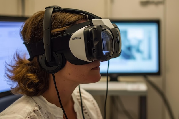 Una donna che indossa un paio di occhiali virtuali che si impegna in un'esperienza di realtà virtuale Realtà virtuale multisensoriale utilizzata per la gestione del dolore AI Generato