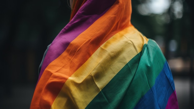 Una donna che indossa un panno color arcobaleno con sopra la parola orgoglio.