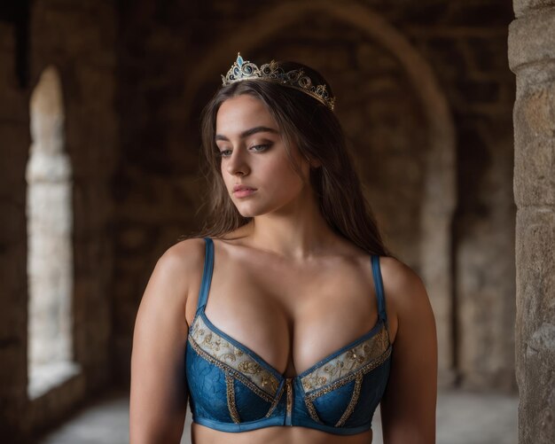 Una donna che indossa un reggiseno blu e una tiara