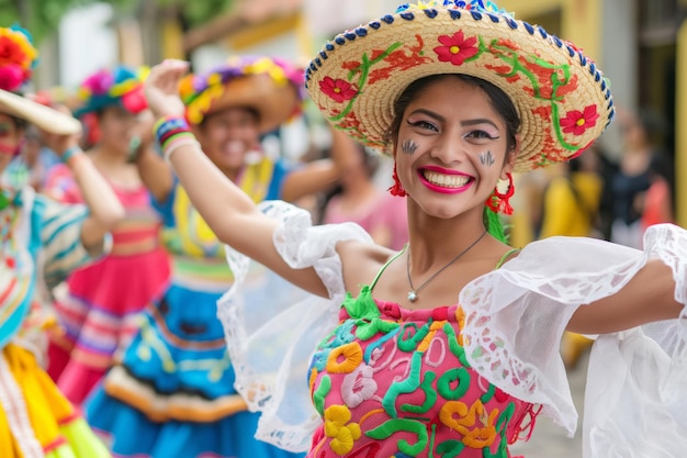 una donna che indossa un sombrero e un vestito colorato sta ballando in una parata