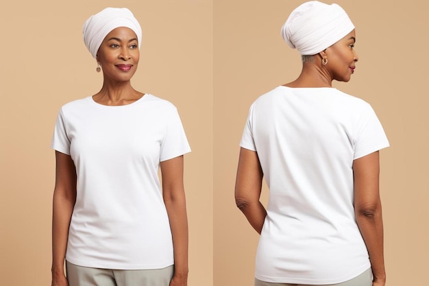 Una donna che indossa un turbante bianco con un cappello bianco.