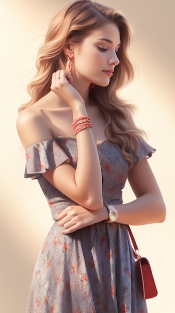 Una donna che indossa un vestito con un disegno floreale sulla manica.