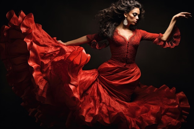 Una donna che indossa un vestito rosso sta danzando graziosamente a una festa vivace una ballerina di flamenco in una mossa appassionatamente eseguita generata dall'IA