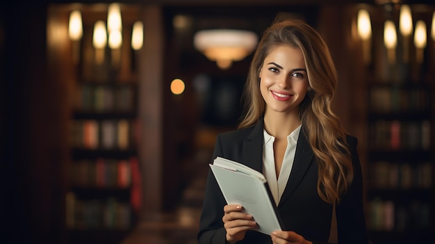 una donna che indossa un vestito sorridente che tiene un libro nella sala della biblioteca