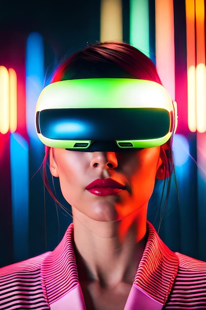 Una donna che indossa un visore per la realtà virtuale con una luce al neon dietro di lei.