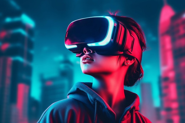 Una donna che indossa un visore per la realtà virtuale davanti a un paesaggio urbano.