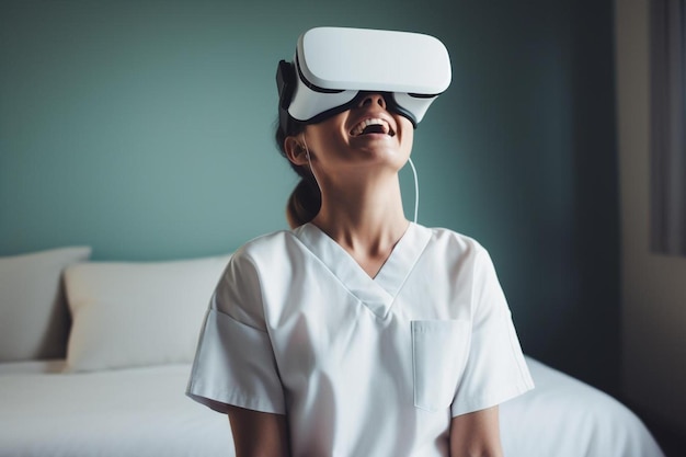 Una donna che indossa un visore per la realtà virtuale indossa un visore per la realtà virtuale.