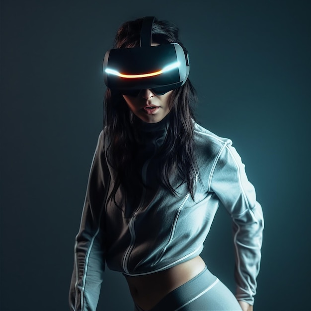 Una donna che indossa un visore per realtà virtuale con una luce blu accesa.