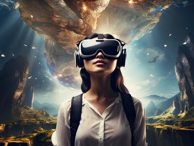 una donna che indossa un visore per realtà virtuale in un paesaggio montano con lo sfondo del cielo