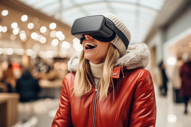 Una donna che indossa un visore VR Centro commerciale e campi di fiori colorati di realtà virtuale IA generativa